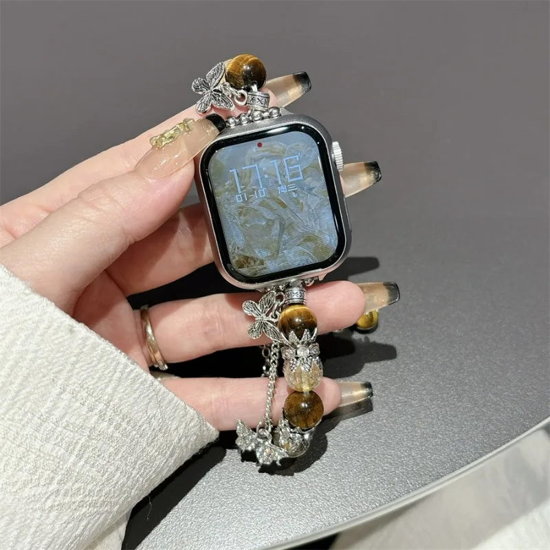 Woman Agate Strap for Apple Watch Band Ultra 2 38/41/40mm 42/44/45/49mm Bling Butterfly Beading Bracelet for IWatch 9 8 7 Se 6 5