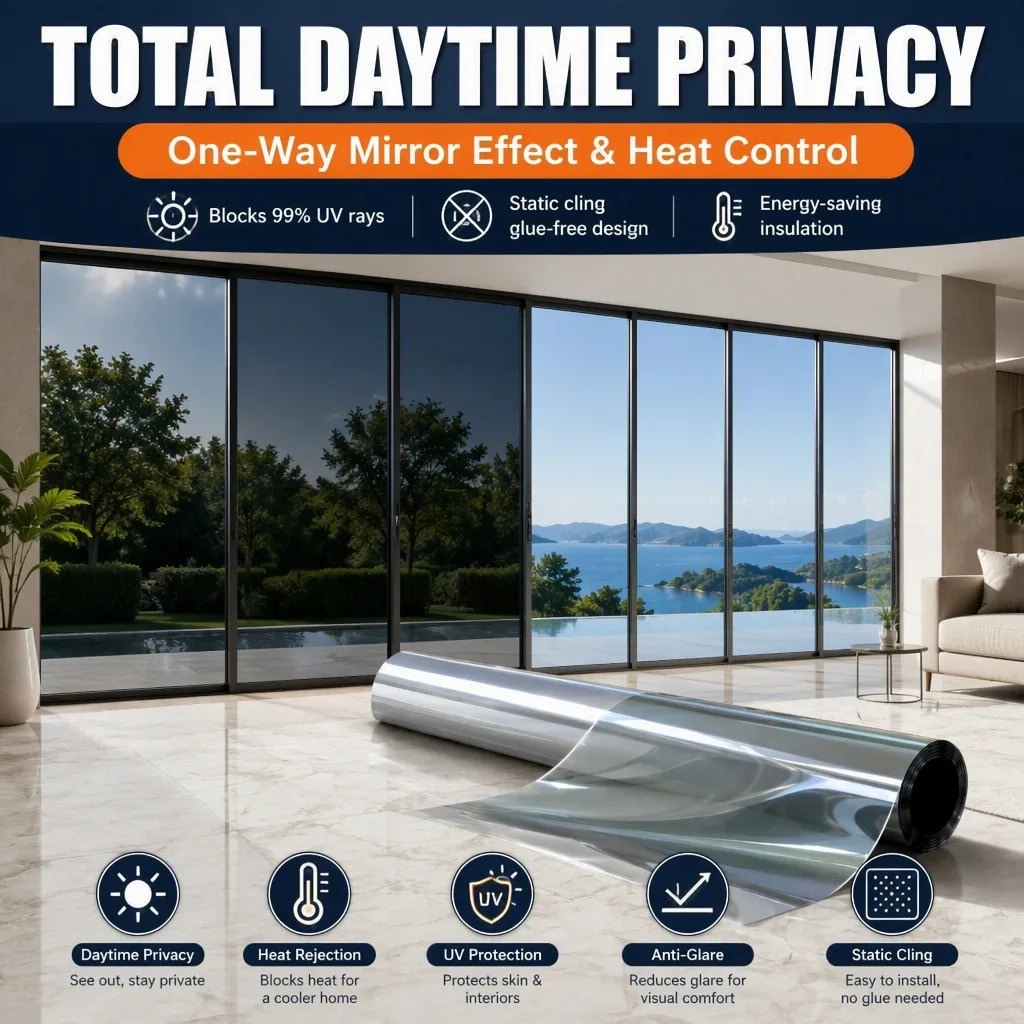 Black Silver One Way Mirror Privacy Window Film Static Cling Heat Control Anti Glare Removable for Home Office Commercial Glass