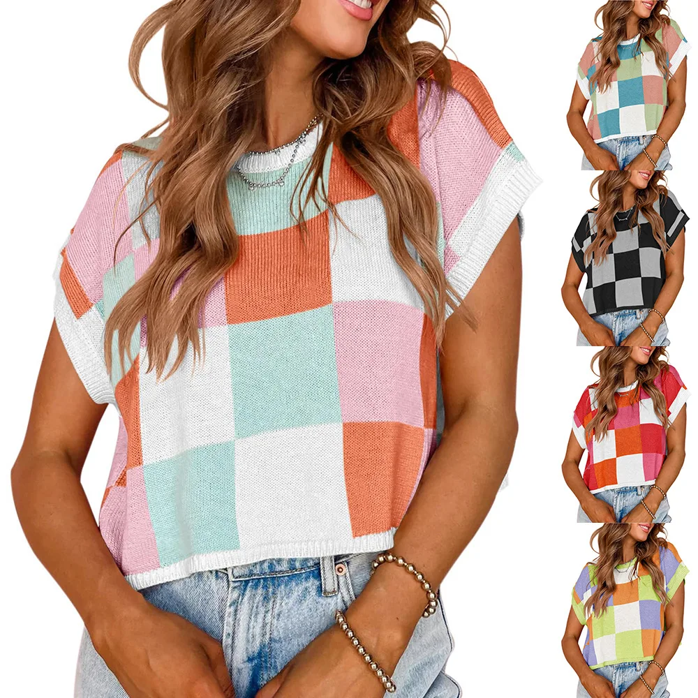 Women's O-Neck Color Blocking Short Sleeve T-Shirts Female Loose Checkerboard Casual Elegant Textured Knitted Blouse Streetwear