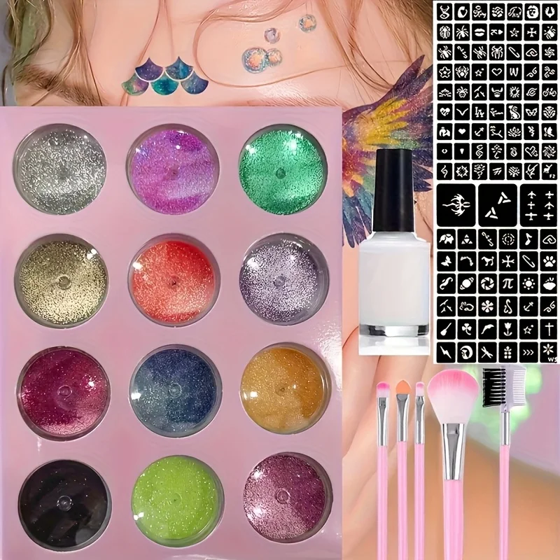 DIY Flash Tattoo 12 Colors of Glitter,Includes Multiple Tattoo Templates Glue Brushes Set,DIY Glitter Cartoon Sticker Tattoo Set
