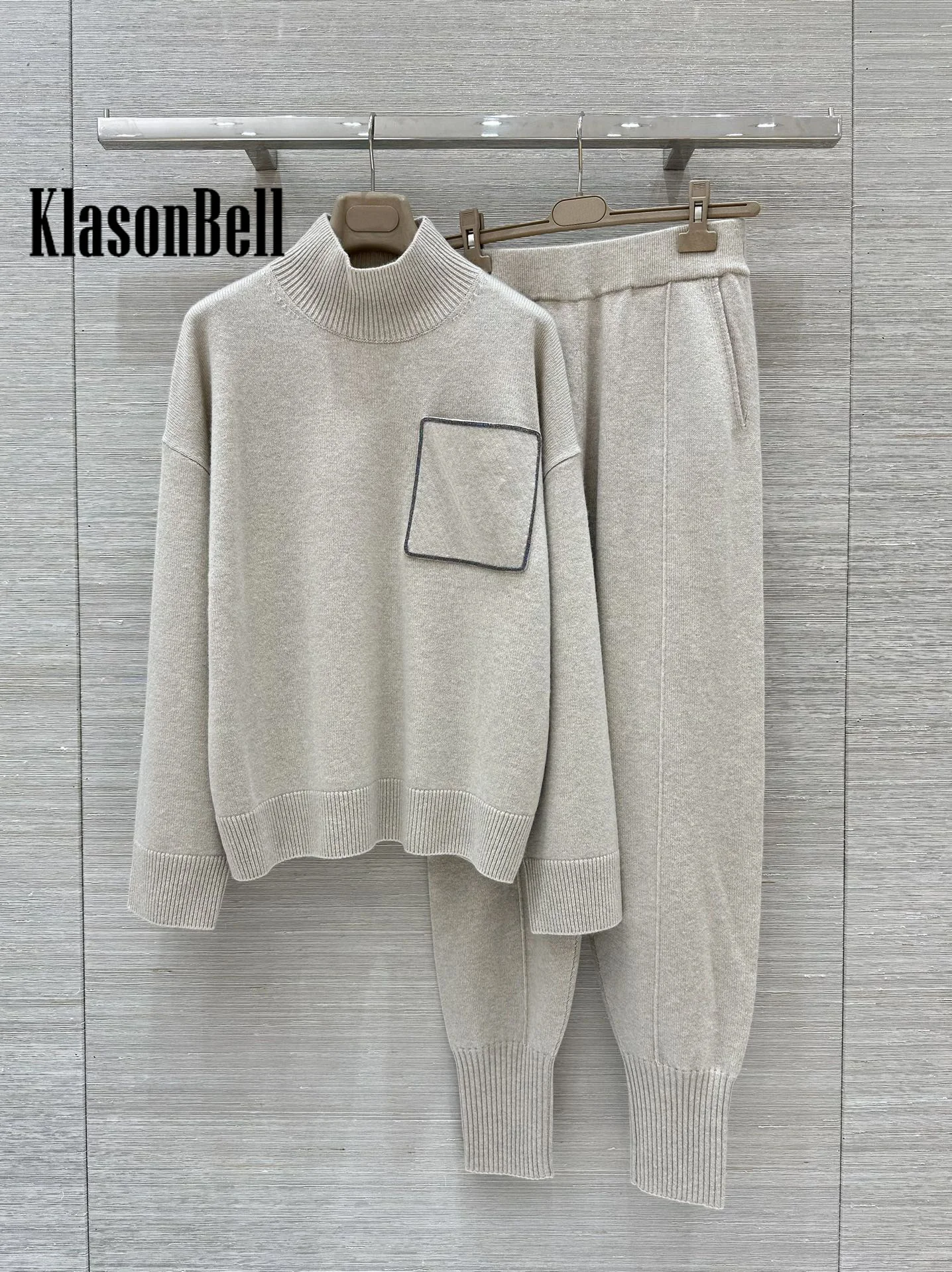 8.22 KlasonBell Women Sequins Bead Chain Pocket Turtleneck Knit Sweater + Elastic Waist Pants Cashmere Knit 2 Piece Casual Set