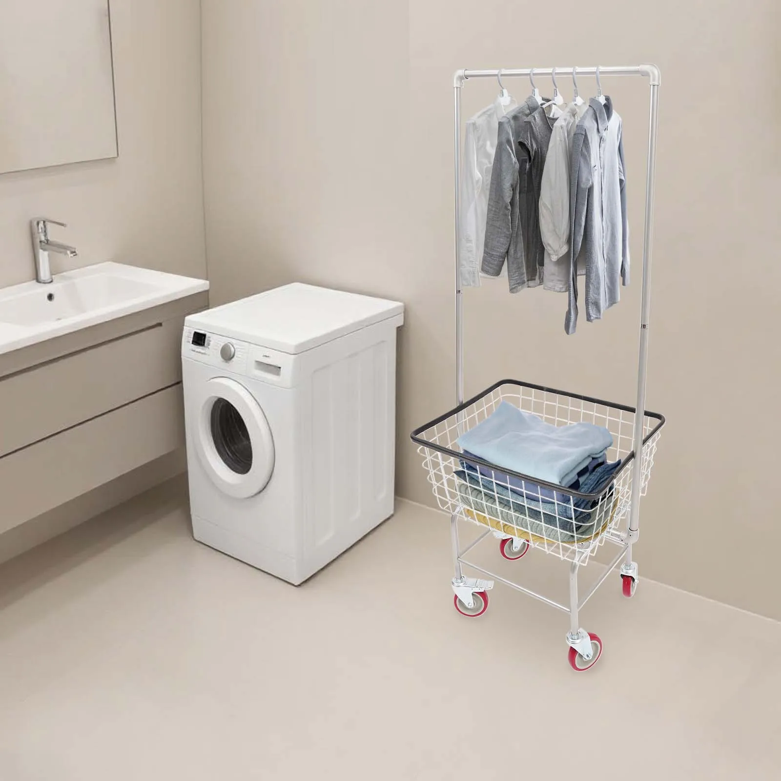 Carrello Portabiancheria Multifunzionale in Acciaio 71,5 cm x 55 cm x 1,7 m con 4 Ruote Universali, Spostabile e Fissabile a Piacere