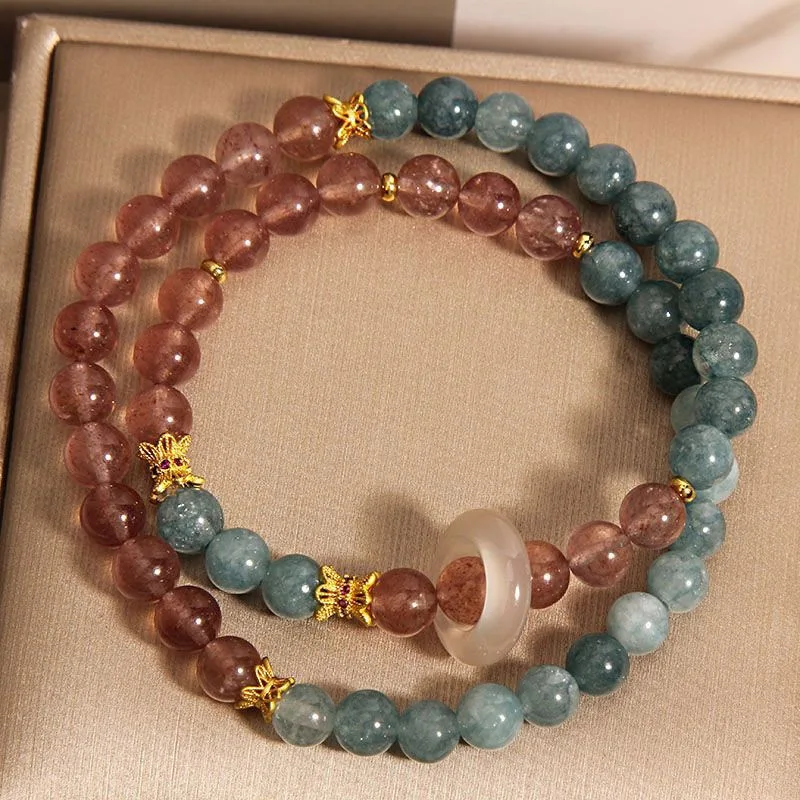 Natural Stone Chinese Style Blue Jade Double Circle Bracelet Women Luxury Niche Strawberry Quartz Beaded Bracelet Student 2026