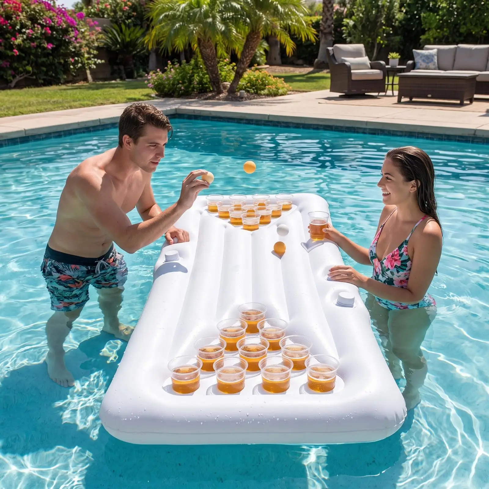 White Rectangular Inflatable Drink Tray for Pool Floating Serving Board PVC Pool Float with Multiple Cup Holes for Lake