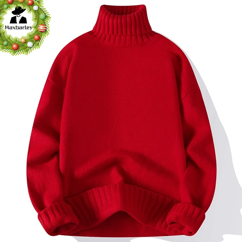 2025 New Christmas Style Sweater Men's Loose Lazy High Neck Simple All-match Knitted Pullovers Winter Solid Color Men Sportshirt