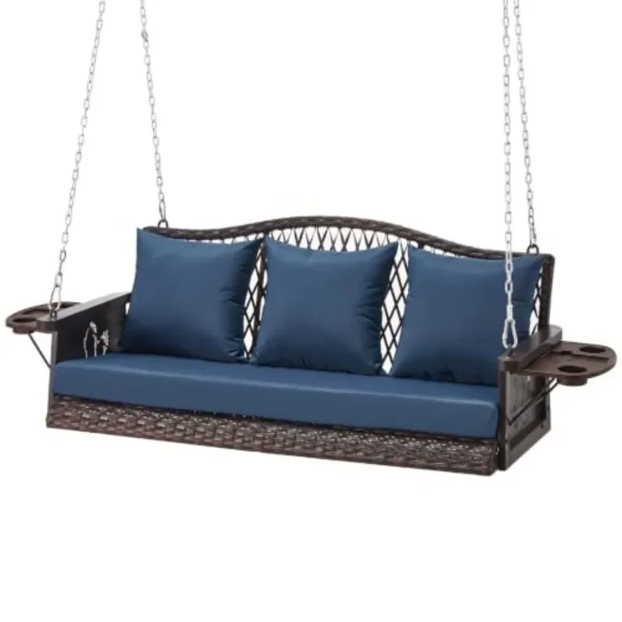 Outdoor patio swing bench for adult use, heavy-duty wicker, beige, 900 LBS capacity, 3-seat, includes 8.9ft chains, cushions, a