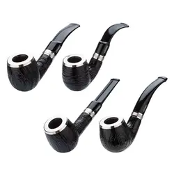 Black Ebony Wood 9mm Flue Tobacco Pipe Men Bent Type Handmade Double Silver Ring Sandblasting Smoking Pipe Gift Pipe Accessory