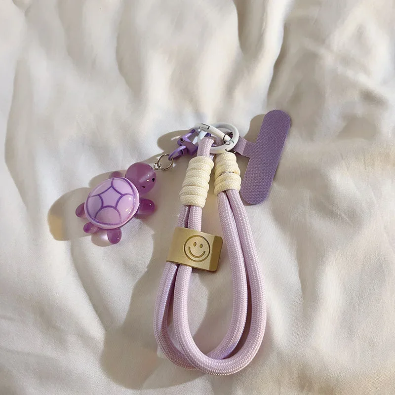 Correa de teléfono trenzada universal con diseño de tortuga de dibujos animados, cadena colgante con anillo y cordón con parche, correa de muñeca desmontable 6
