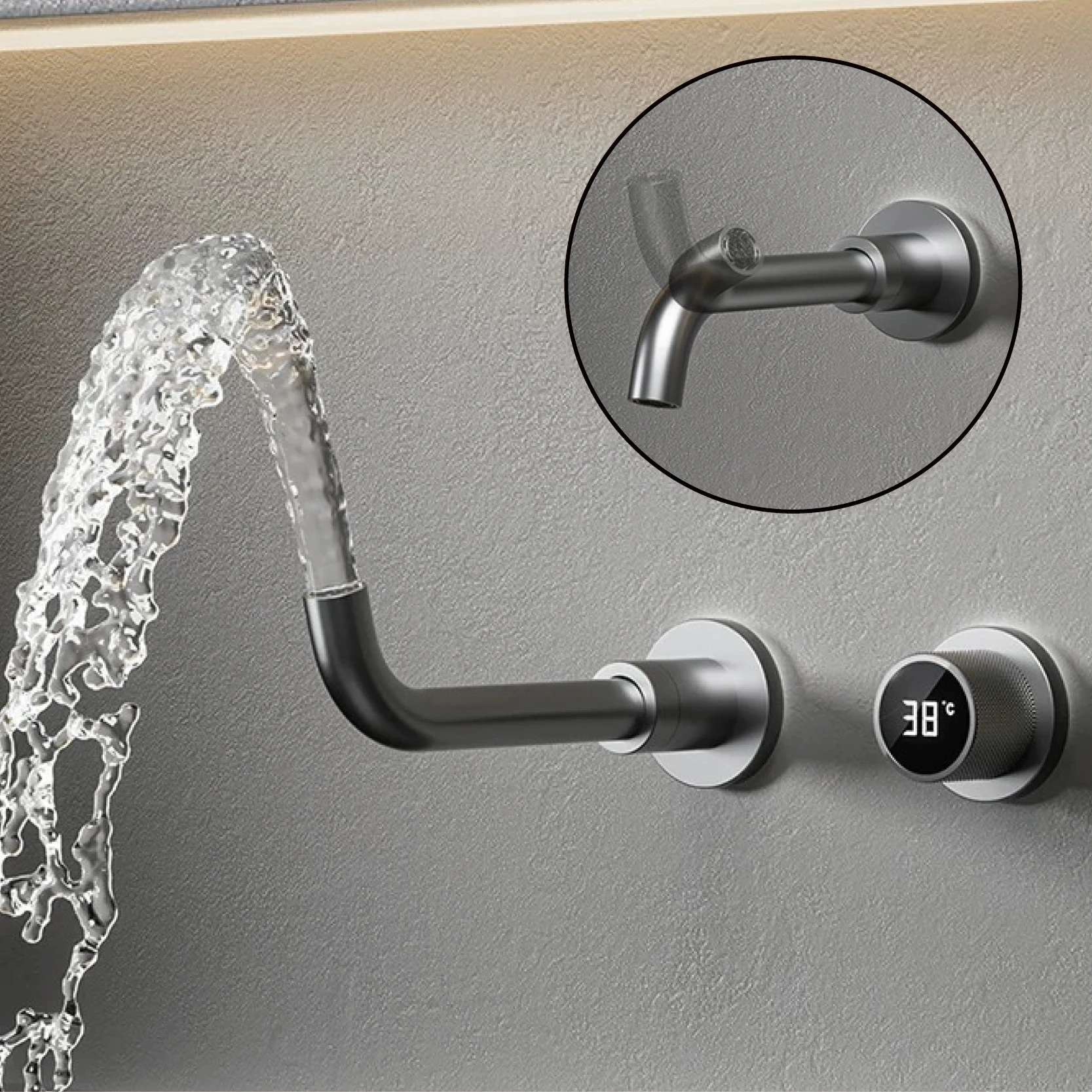 Brushed Gold Concealed Wall Mount Basin Faucet LED Digital Hot Cold Water Mixer Tap Modern Brass Bathroom Vanity Sink Fixture