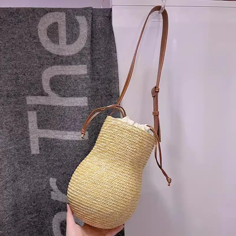 Summer Straw Shoulder Bags Drawstring Women\'s Straw Bucket Bag Purse Raffia Woven Straw Handbags Casual Tote Beach Crossbody Bag