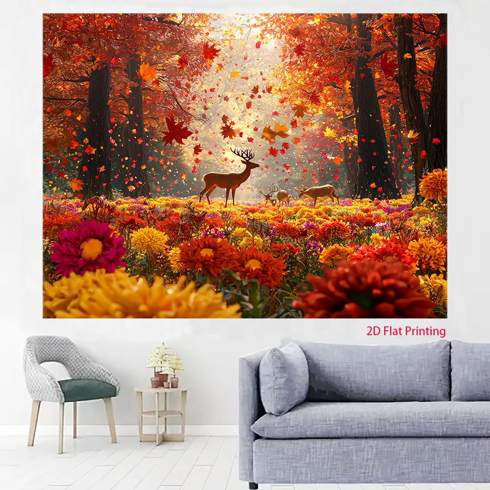 Autumn Deer Forest Wall Mural 2D Flat Printing Nature Landscape Decor Fall Scene Wildlife Art Home Interior Design Living Room