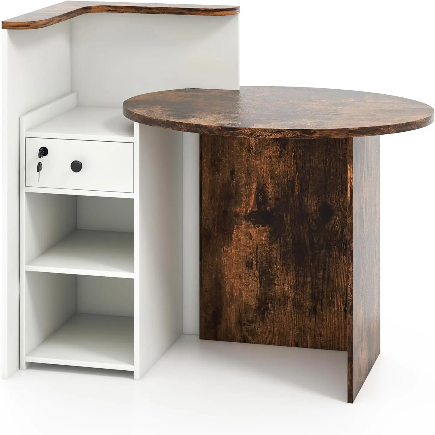 Reception Desk, Retail Counter Desk with Lockable Drawer, 3-Level Adjustable Shelf & Oval Desktop, Checkout Front Counter, L-Sha