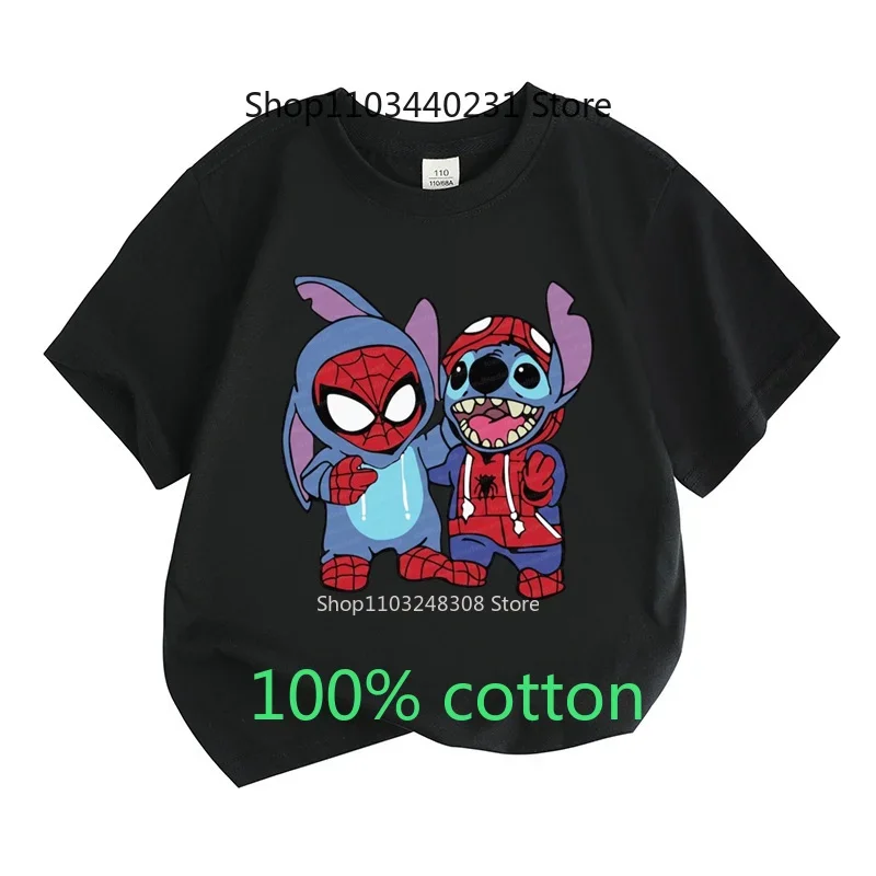 Summer Children 100% Cotton Fashion Clothes Tops Stitch Cartoon Anime Round Neck Short-sleeved T-shirt Boys Girls Toddler 2-15Y