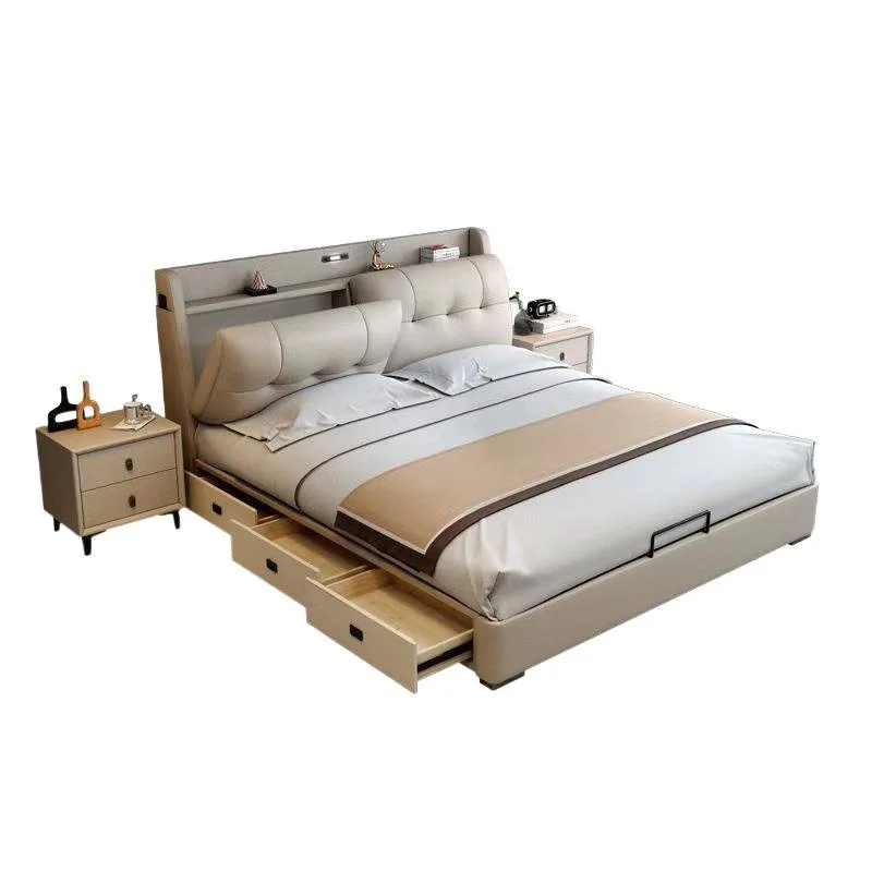 Multifunctional leather bed master bedroom, modern minimalist high-end double bed