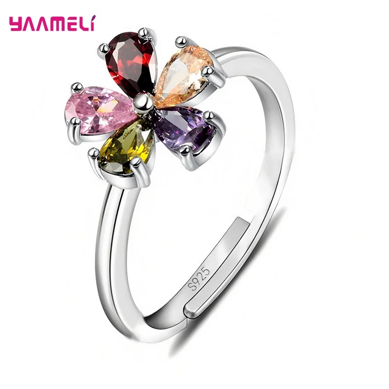 Hot Sale 925 Sterling Silver Jewelry Rainbow Colorful Cubic Zircon Flower Charming Ring for Woman Female Nice Birthday Gift
