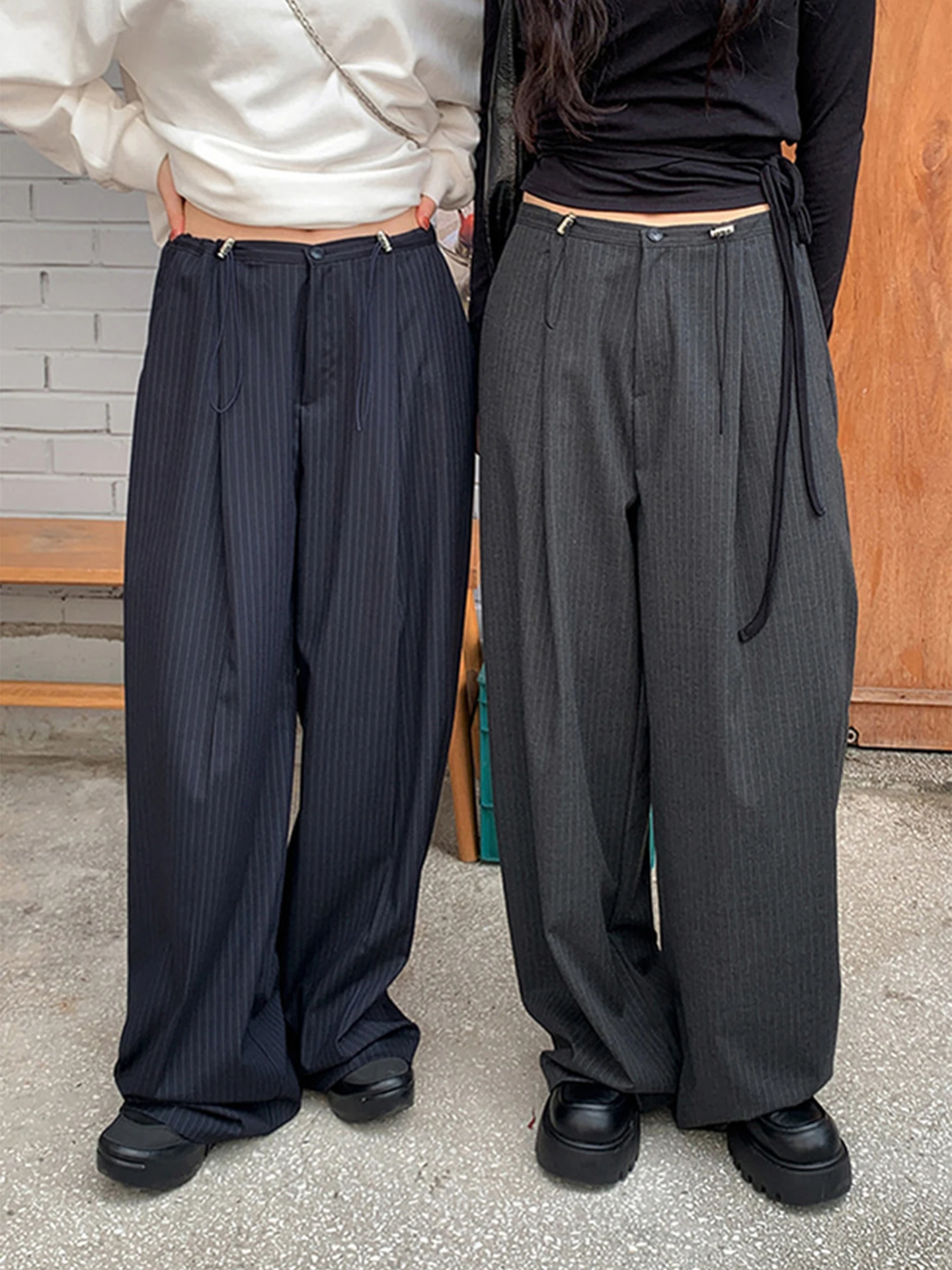 Women's High Waist Drawstring Stripe Casual Pants Loose Drapey Trousers Autumn Fashion plus Size Korean Style Wide Leg