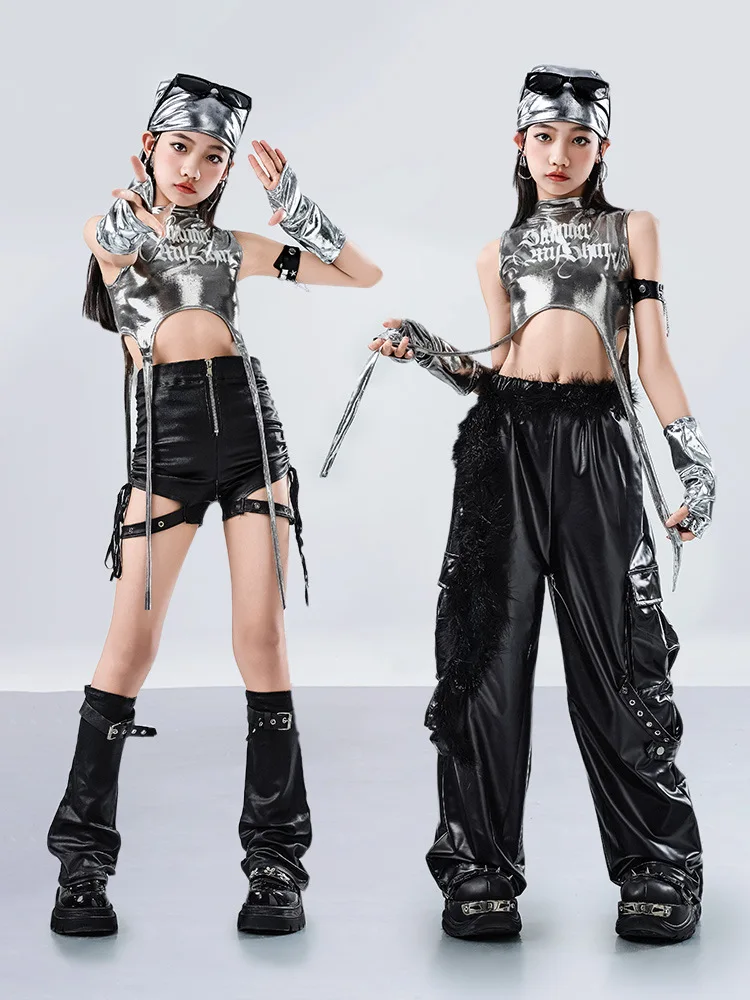 Set Hip Hop per ragazze K-pop Nastro argento Crop Top Pantaloni in pelle da ballo di strada Bambini Streetwear Costume da jazz per bambini Vestiti di gruppo per ragazze