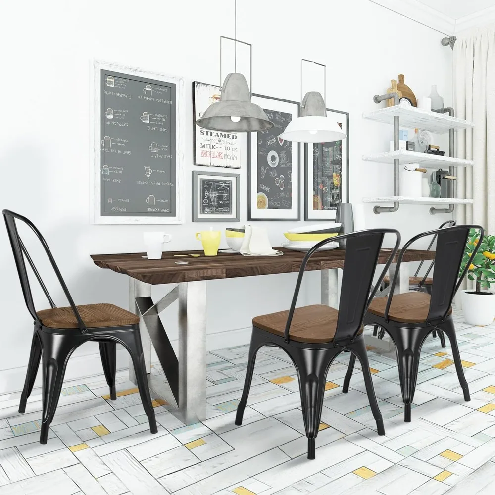 18 Inch Classic Iron Metal Dining Chair with Wood Top/Seat Chic Dining Bistro Cafe Side Barstool Bar Chair Coffee Chair Set of 4