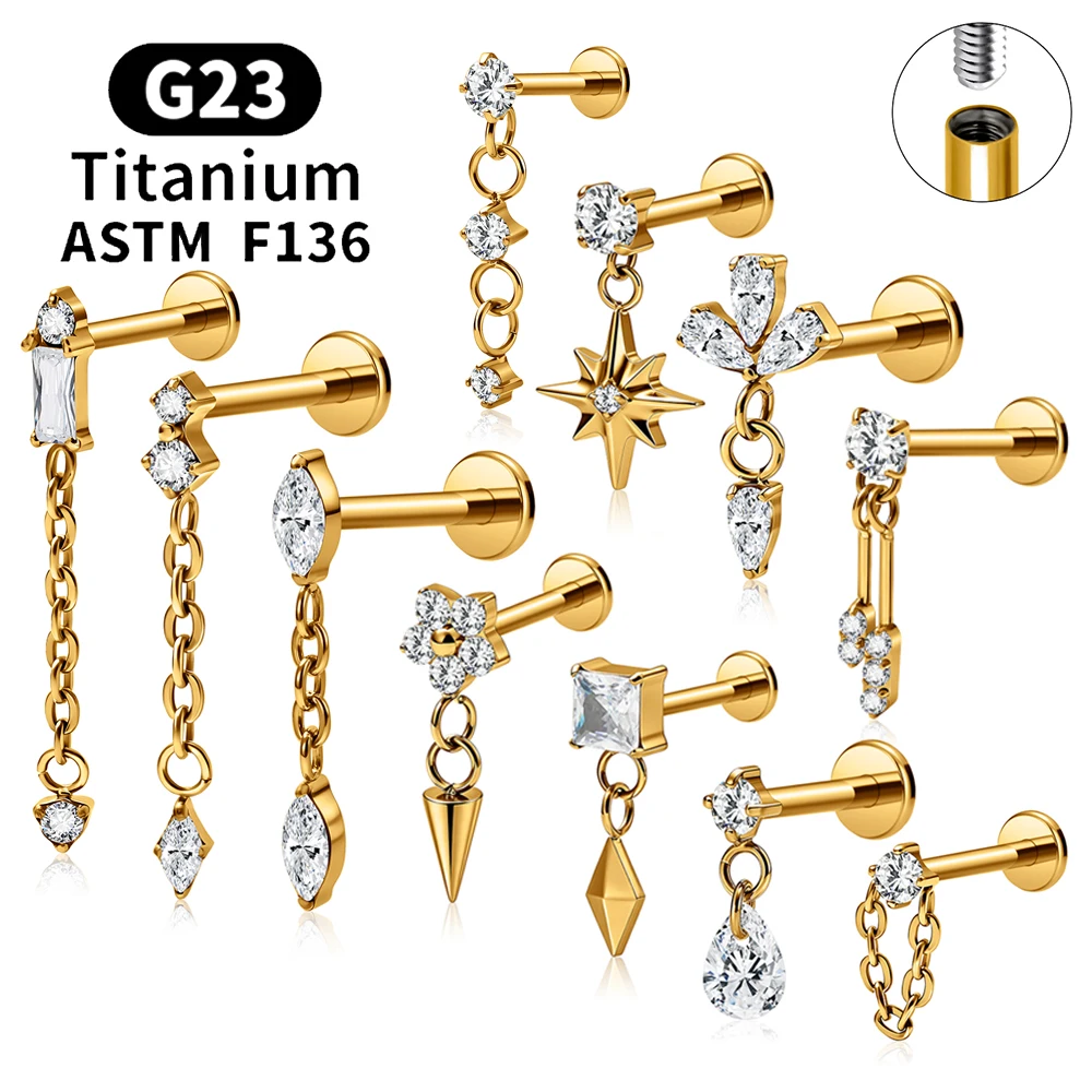 ASTM F136 Titanium 16G CZ Drape Chain Cartilage Earring Flower Flat Back Stud EarLobe Tragus Labret Nose Helix Piercing Jewelry