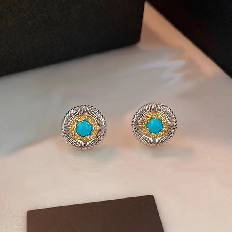 

Natural Retro Turquoise Round Earrings Gold Color Border Jewelry Wedding Party Unusual Accessories For Women Girls Versatile