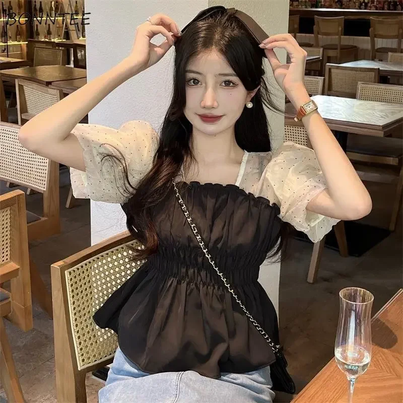 

Блузки женские в стиле пэчворк в стиле ретро, милые, простые, с пышными рукавами, повседневные, универсальные, повседневные, в корейском стиле, летние, женские, со складками, уютные, популярные, новые