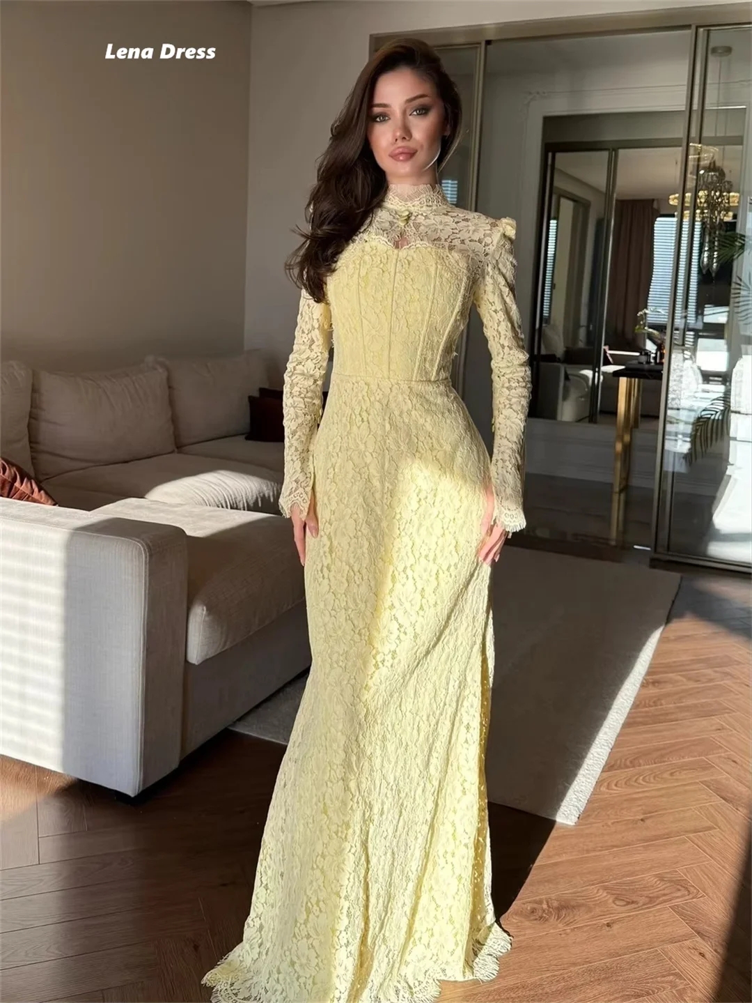 Lena Long Sleeves Prom Dresses 2025 Luxury Evening Dress 2025 Round Neck Customized Embroidered Lace Wedding Party Dress Women