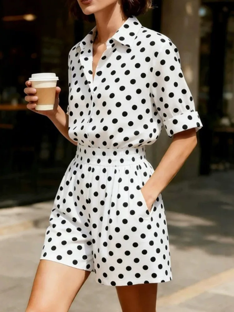 

Fashion Elegant Woman 2 Piece Set Outfit Women's New Summer Polka-dot Three-quarter Sleeve Shorts Casual Suit New Women Clothes