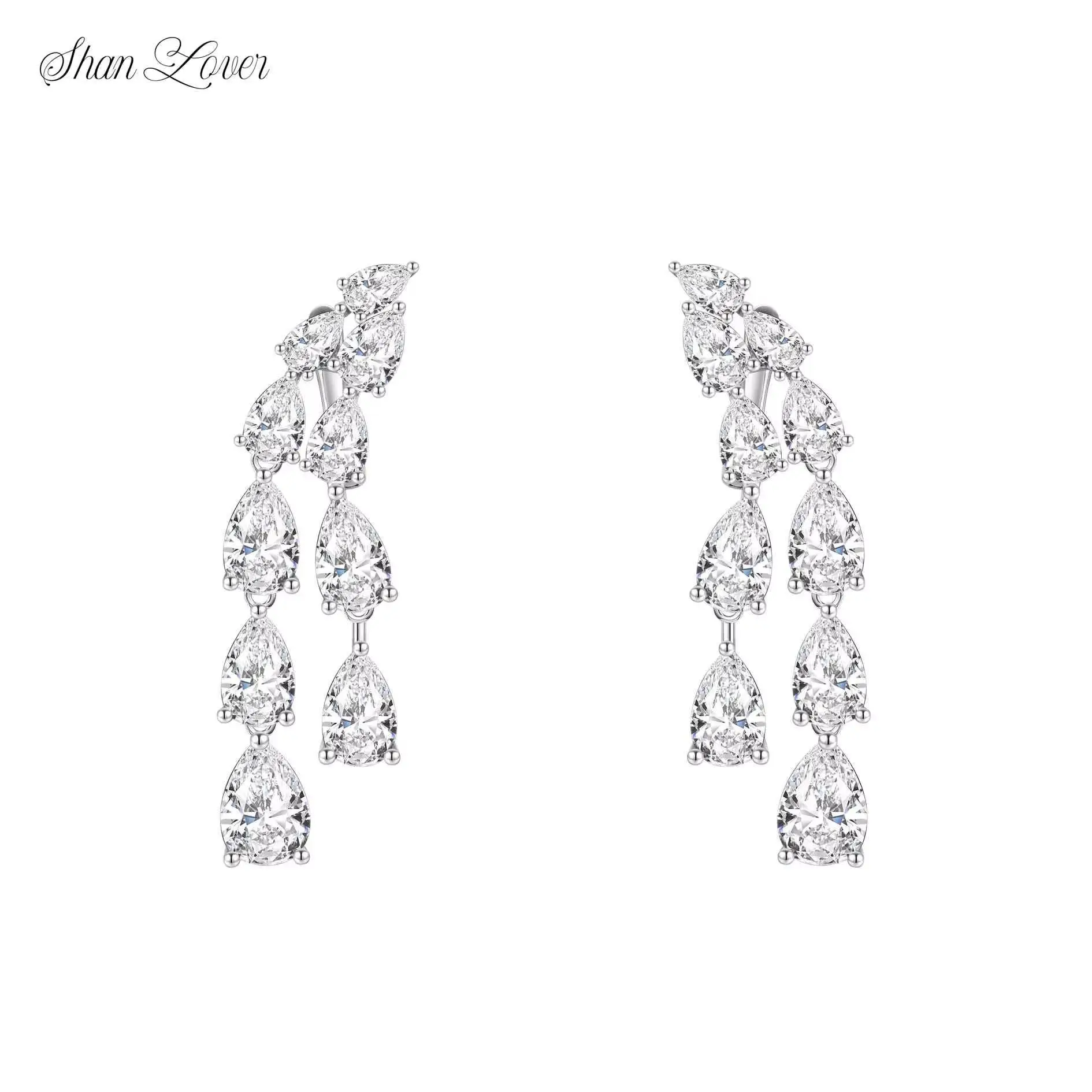 

ShanLover Brand AAAAA Grade 925 Sterling Silver Double Row Pear Shaped Teardrop Diamond Tassel Earrings Zircon Jewelry