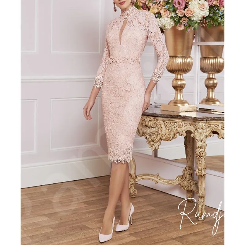 Customized Lavender Sheath Mother of the Bride Dress with High Neck and Keyhole Long Sleeves Knee-Length Lace Appliqué Cocktail