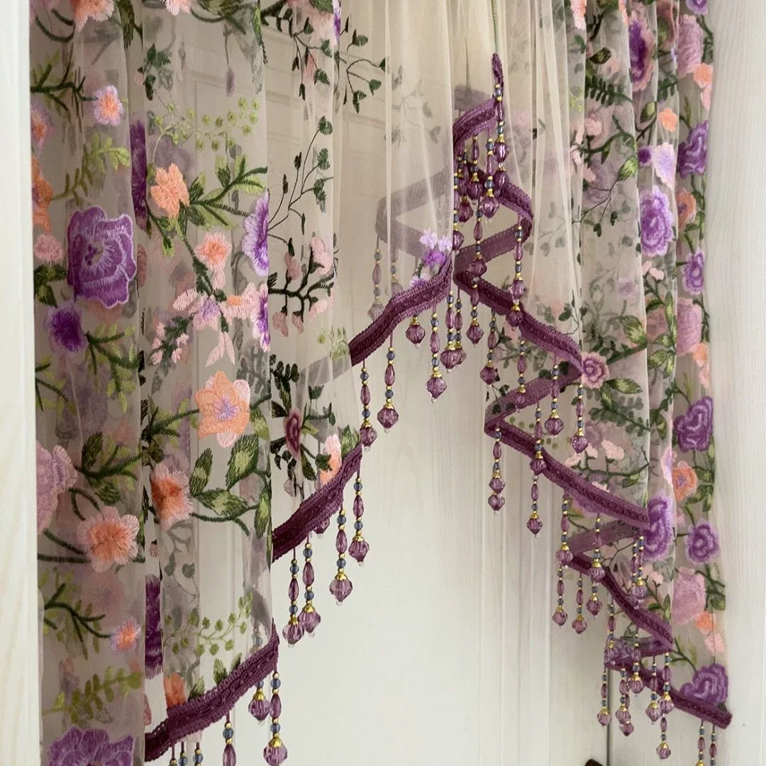 Luxury Embroidery Country Flower Lace Curtain for Kitchen Window Beaded Vintage Voile Farmhouse Triangle Valance Curtain