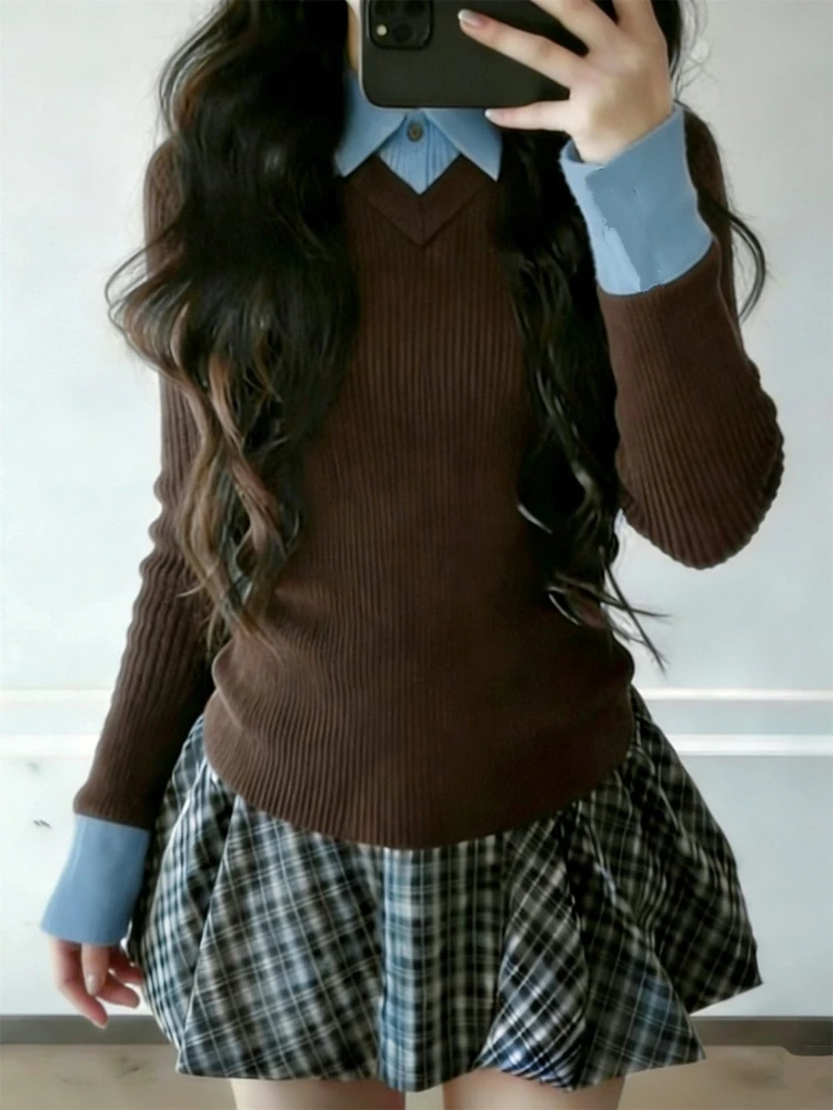 

Вязаный свитер в стиле колор-блок для женщин, базовая кофта на весну, универсальный топ, не повторяющийся дизайн, корейский стиль, с круглым вырезом