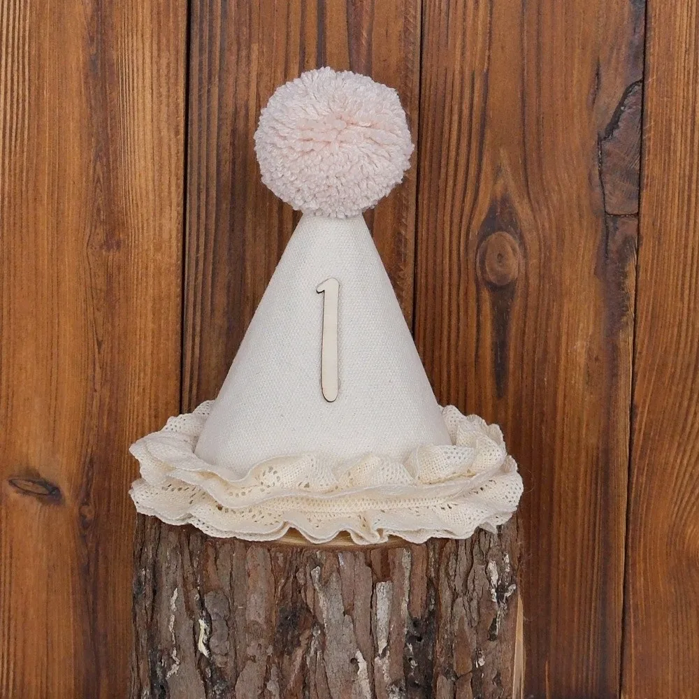 High Quality Sweet Birthday Hat Handcrafted Pom Pom Neutral Color Princess Birthday Hat Lace Ruffle Hat Birthday Decoration