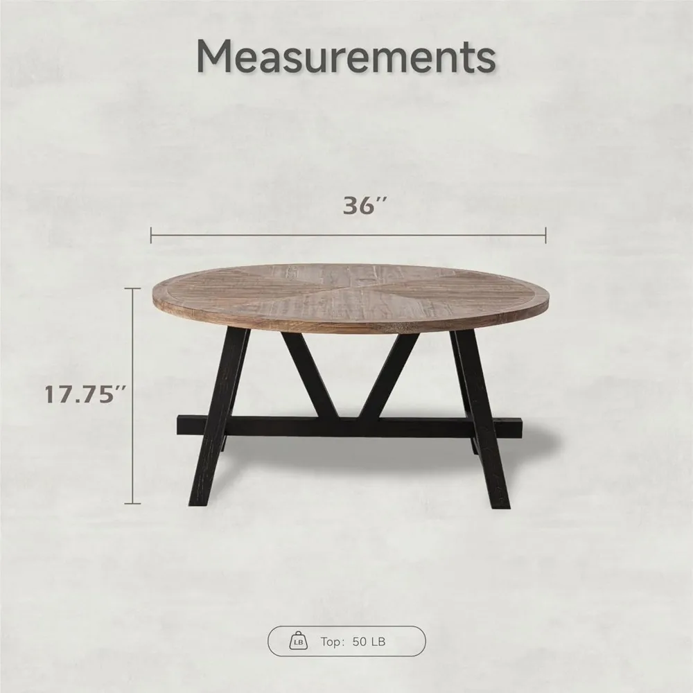 Rustic Farmhouse Coffee Table with Geometric Base, French Country Accent Table for Family, Dinning or Living Room, Modern, Round
