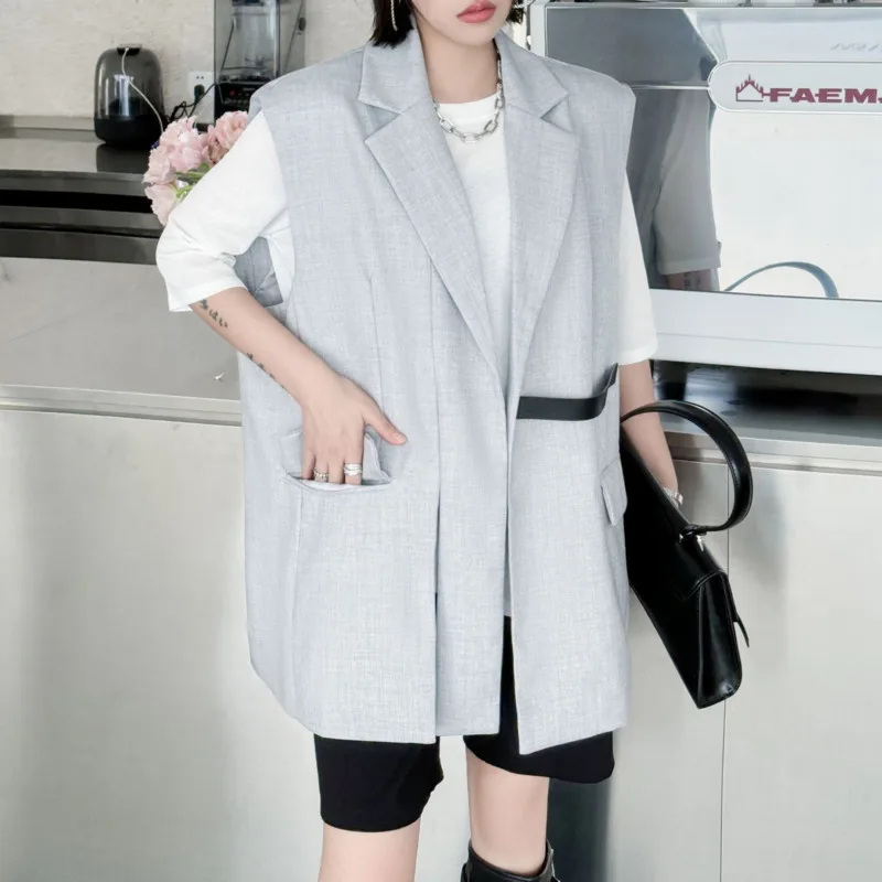 EAEOVNI ファッション革パッチワークブレザー女性ノースリーブルーズポケットオフィスレディコートカジュアル 2025 夏の新服