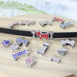 5PC/lot Hole 8mm Colorful Rhinestones Slide Charm Dog Bone Paw DIY Charms For 8MM Wristband Bracelet Pet Collar Jewelry Making