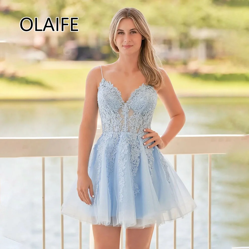 

Charming V-neck Tulle Homecoming Dress with Lace Bodycon Short Mini Shiny Prom Cocktail Dress for Bridal Gown Customized