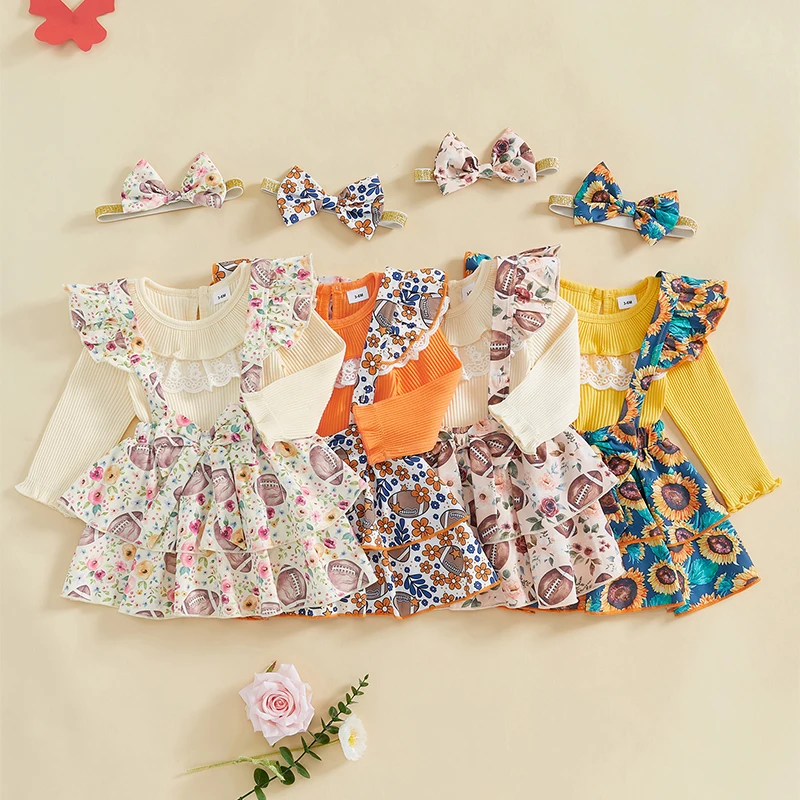 Toddler Baby Girl Fall 3Pcs Outfits Lace Ruffles Romper Rugby Print Suspender Skirts Headband Set Fall Lovely Clothes Set