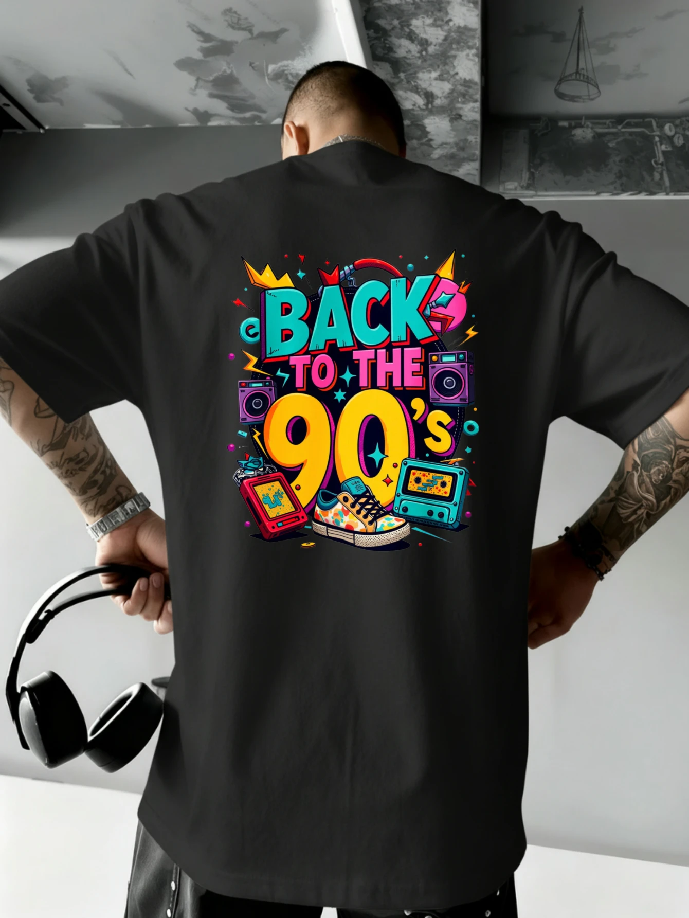 JOOCAR Back To The 90s Retro Pop Art Design Lässiges Baumwoll-T-Shirt für alle Jahreszeiten, Rundhalsausschnitt, weicher Stretch, atmungsaktiv, kurze Ärmel, modisches Streetwear-Oberteil mit