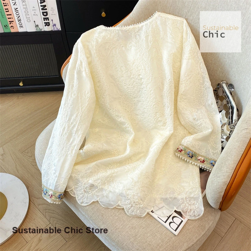 Nouveau design chinois sens perlé jacquard brodé dentelle blouse femmes printemps et automne mode à manches longues haut sens blouse