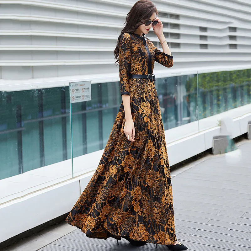 Longsleeved Dress Female 2023 Spring And Autumn New Waist Slim Temperament Vneck Printing To Bare Feet Ladies Elegant Long Skirt