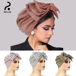 Fashion Muslim Headscarf Hat with Butterfly Women Hijab Designer Shine Material Scarf Cap Headwrap Red Pink Silver Green RIMAIRE