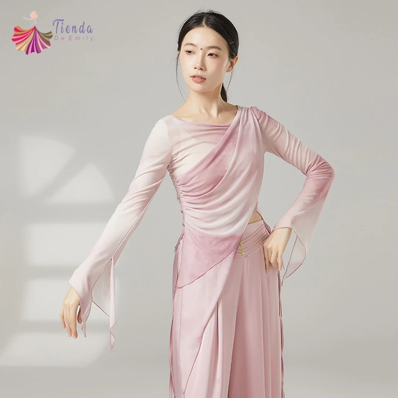Women Classical Dance Mesh Top Long Slit Flared Sleeve Shirt Prints Saree Blouse Slim Chinese Hanfu Performance Training Clothes