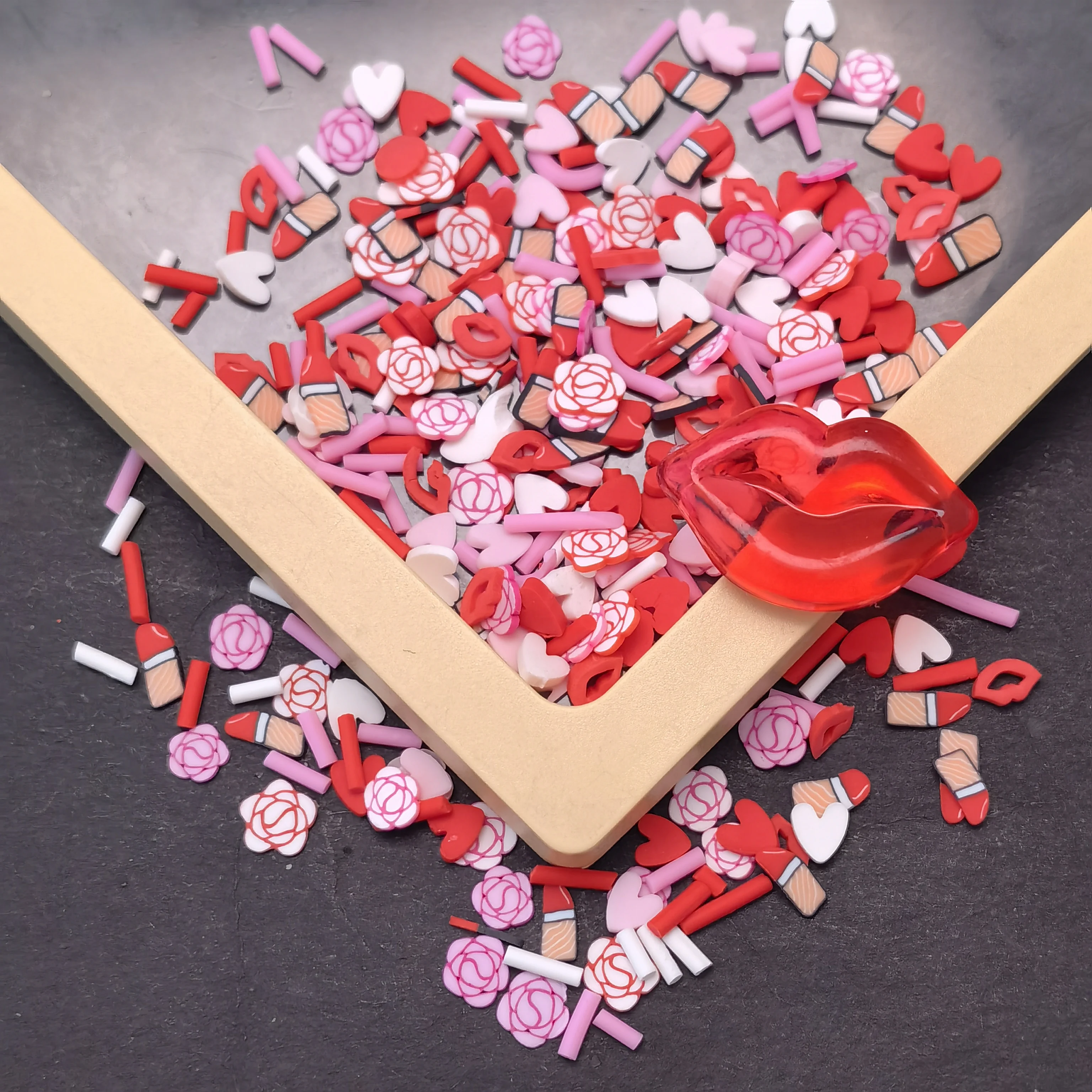 Lovely Cute Heart Rose Flower Slices Polymer Hot Clay Valentine Sprinkles With Lips Rose Resin Slime Charms for DIY Craft Slime