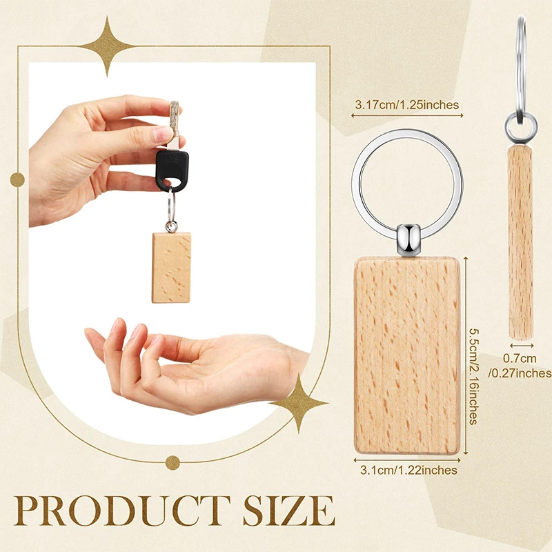 50Pcs Wooden Keychain Rectangle Wood Blanks Key Chain Unfinished Wooden Key Ring Blank Key Tag for DIY Gift Crafts