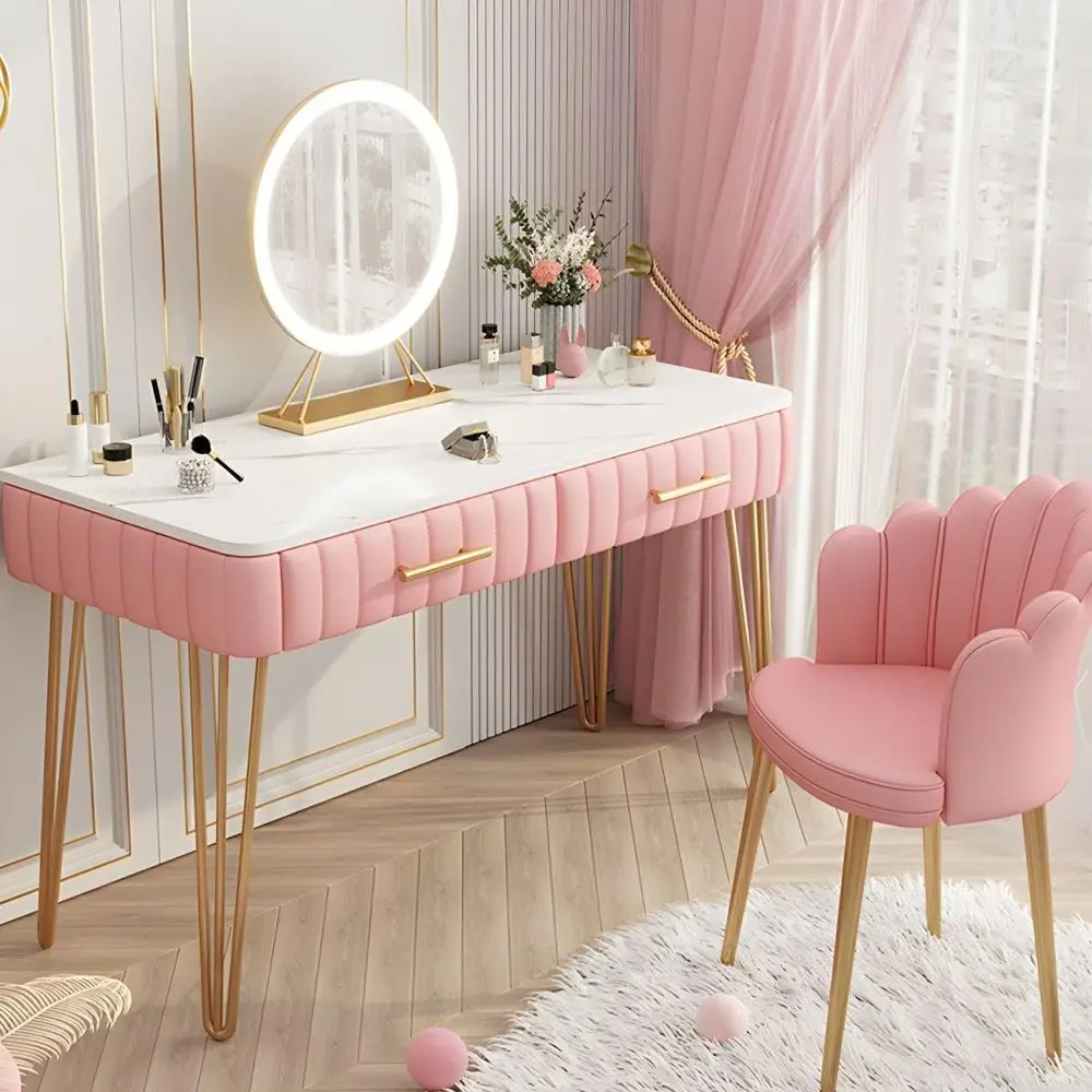 Pink Makeup Vanity Table with 2 Drawers and Stool, 31.5 L x 16 W x 29.5 H for Bedroom
