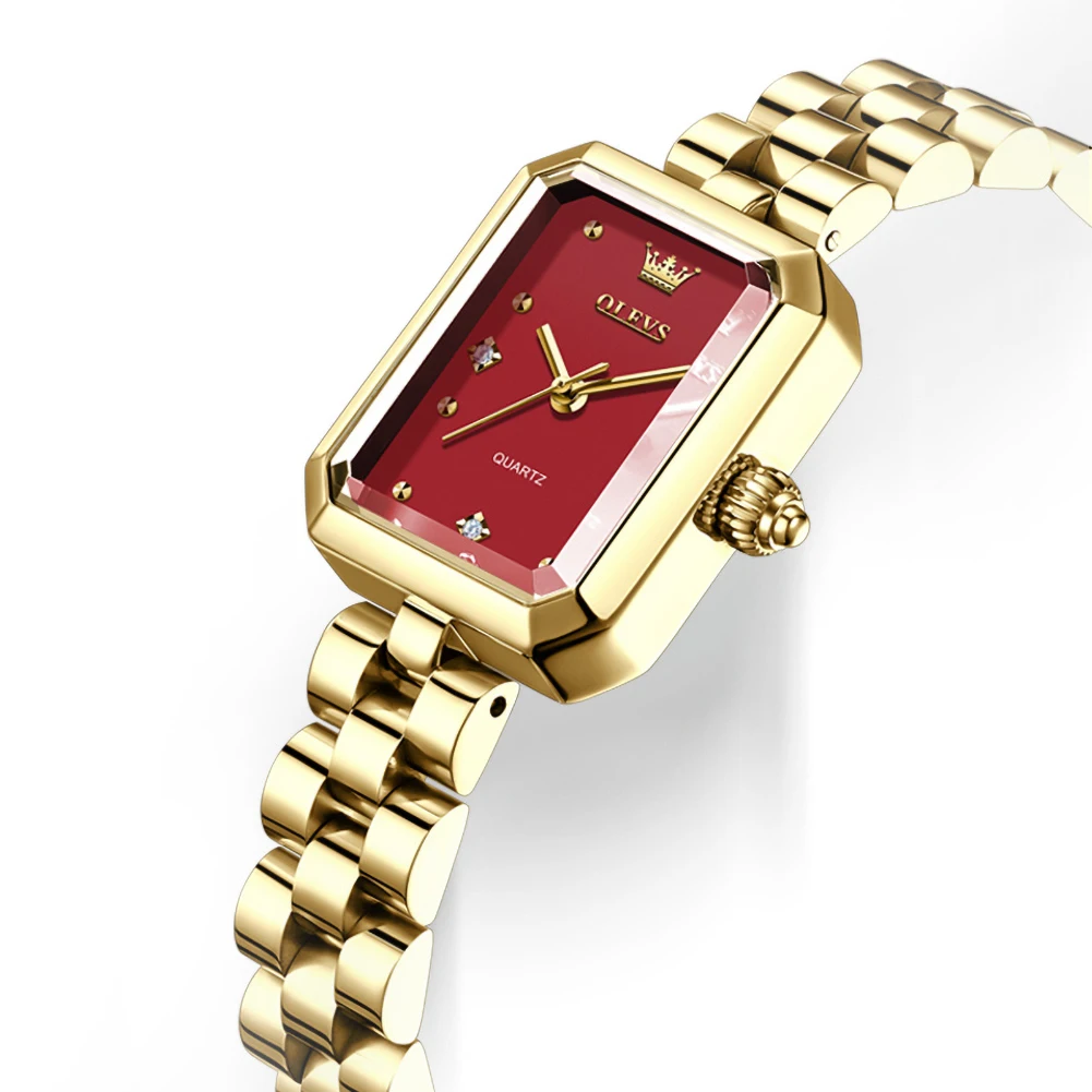 OLEVS Fashion Square Female Wristwatch Gold Metal Strap Diamond Decor Red Dial Quartz Movement Luxury Ladies Watch Women Gift