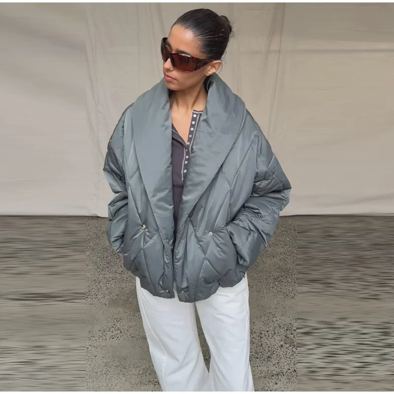 Übergroße Gesteppte Jacke mit Revers für Damen, Streetwear, Langarm, Doppelreihig, Locker Sitzende Mäntel, Modische Damen-Oberbekleidung, Neuheiten – Detail 8