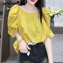 Summer New Round Neck Solid Color Loose Casual Shirt Female Puff Short Sleeve Sexy Fashion One Word Collar All-match Blouse Top