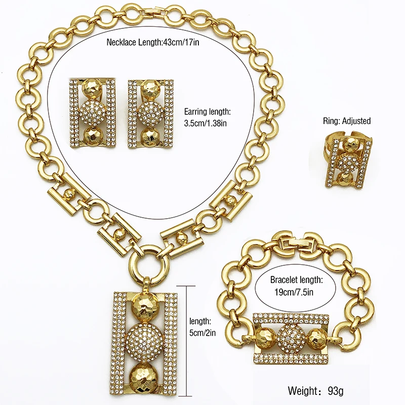 Dubai 18K Gold Plated Jewellery For Women Rhinestone Luxury Design Rectangle Shape Necklace Bracelet Earring Ring Jewelry Set