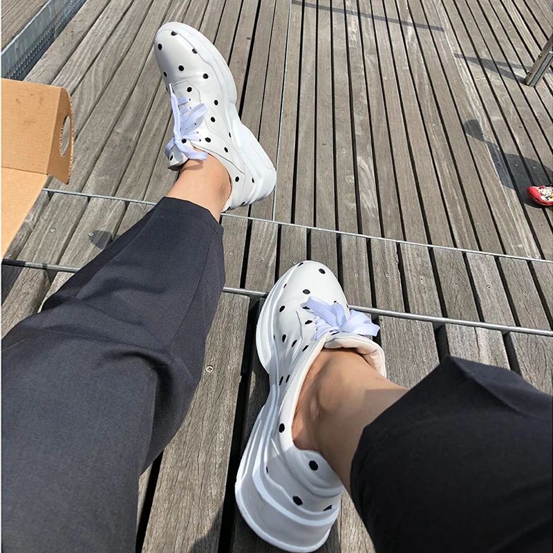 Spring and summer new cowhide casual dot thick-soled strap couple dad shoes flat daily street large size small size men's shoes